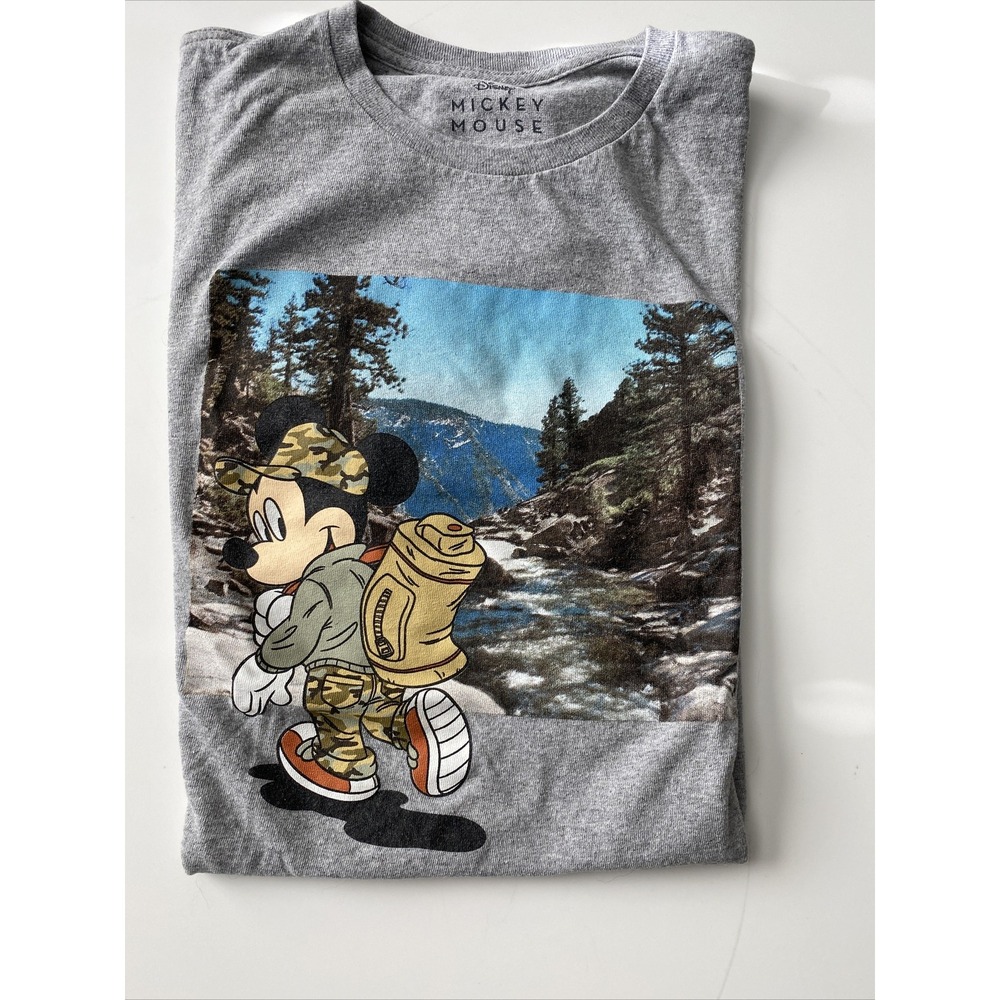 Disney Mickey Mouse Hiker T-Shirt Mens Large Gray Good Camo Backpack Graphic